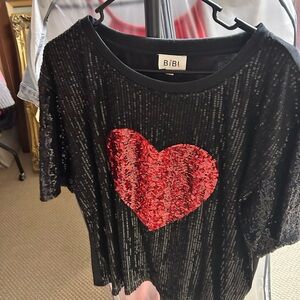 BiBi Black Sequin Top with Red Accent